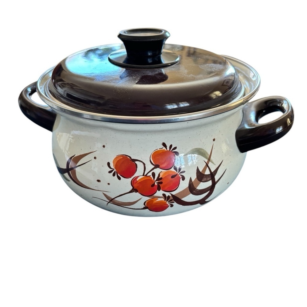 VTG 80’s Enamel Cooking Pot W/Lid Cherries Double Handles Cream Red Brown